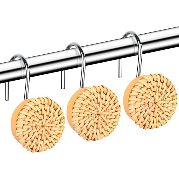 Boho Shower Curtain Hooks Rings Set 12 Woven Wicker Ratten New in package - Picture 6 of 9